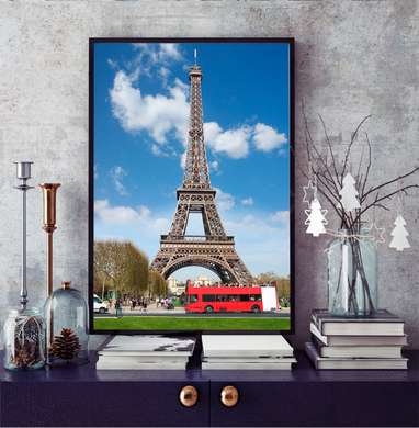 Постер - Красный автобус на фоне Эйфелевой башни, 60 x 90 см, Постер в раме, Города и Карты