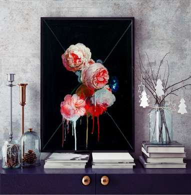Постер - Нежно розовые розы на графитовом фоне, 30 x 60 см, Холст на подрамнике, Ботаника
