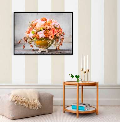 Poster - Vaza cu flori portocalii pe un fundal deschis, 90 x 60 см, Poster înrămat, Natură Moartă