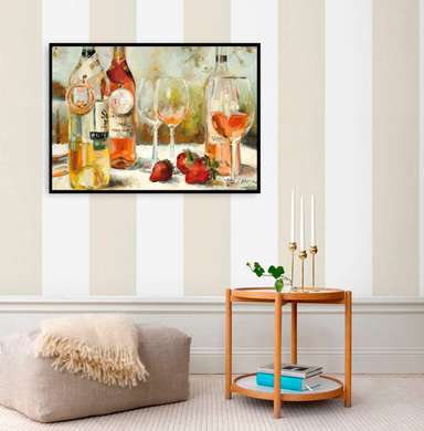 Постер - Стол с бутылками вина, 90 x 60 см, Постер в раме, Прованс