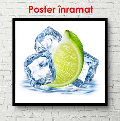Poster - Green lime with ice cubes on white background, 100 x 100 см, Framed poster on glass, Food and Drinks