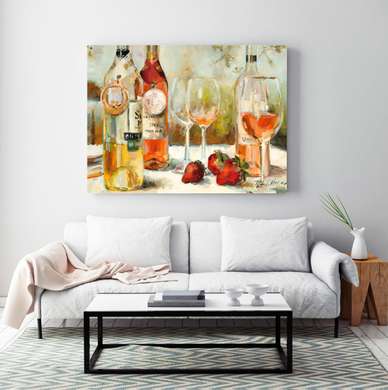 Постер - Стол с бутылками вина, 90 x 60 см, Постер в раме, Прованс