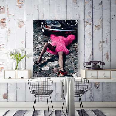 Постер - Девушка чинит машину, 30 x 45 см, Холст на подрамнике, Разные