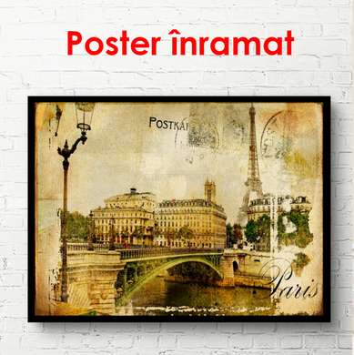 Poster - Orașul retro cu un pod, 90 x 60 см, Poster înrămat, Vintage