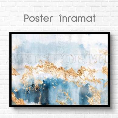 Poster - Blue shades and golden drops, 90 x 60 см, Framed poster on glass, Abstract