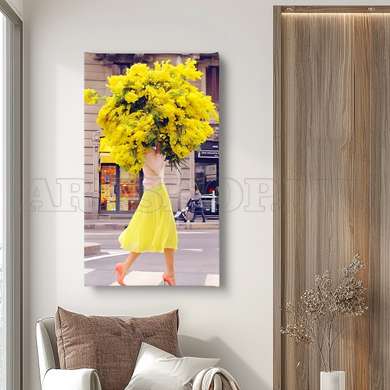 Poster - The girl in a yellow dress with a bouquet of flowers, 45 x 90 см, Framed poster on glass, Glamour