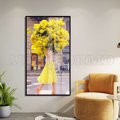 Poster - The girl in a yellow dress with a bouquet of flowers, 45 x 90 см, Framed poster on glass, Glamour