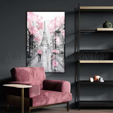 Poster - Paris in black and white with pink, 30 x 60 см, Framed poster, Maps and Cities