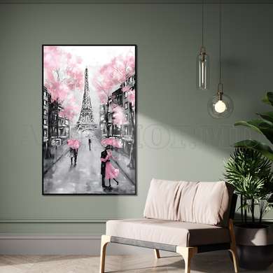 Poster - Paris in black and white with pink, 45 x 90 см, Framed poster on glass, Maps and Cities