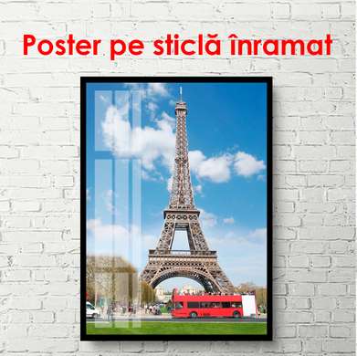 Постер - Красный автобус на фоне Эйфелевой башни, 60 x 90 см, Постер в раме, Города и Карты