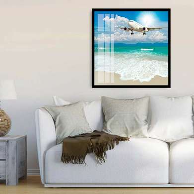 Poster - Airplane over the beach, 100 x 100 см, Framed poster, Transport