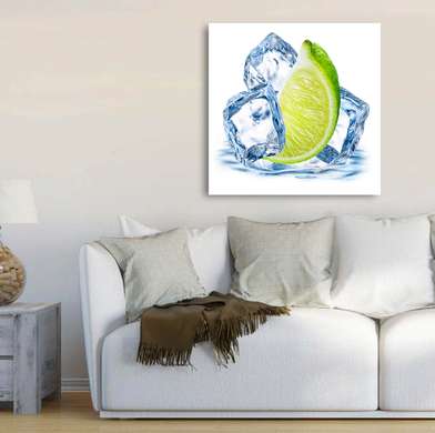Poster - Green lime with ice cubes on white background, 100 x 100 см, Framed poster on glass, Food and Drinks
