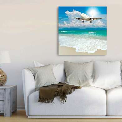 Постер - Самолет над пляжем, 100 x 100 см, Постер в раме, Транспорт