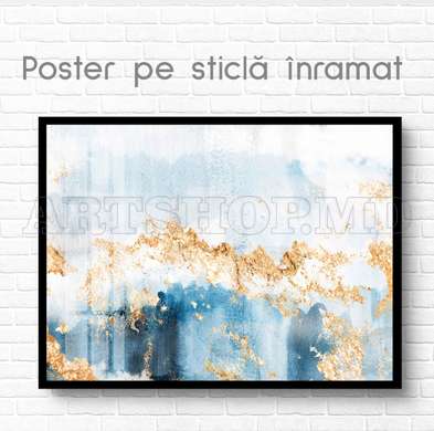 Poster - Blue shades and golden drops, 90 x 60 см, Framed poster on glass, Abstract