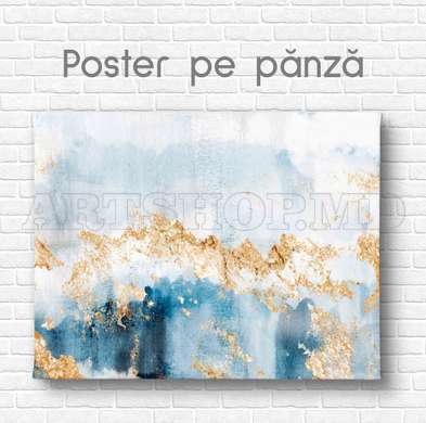 Poster - Blue shades and golden drops, 90 x 60 см, Framed poster on glass, Abstract