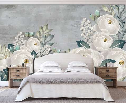 Wall Mural - White peonies on a dark green background