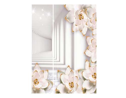 Ширма - Белые цветы с золотыми элементами на стене белых стен, 7