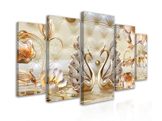 Modular picture, Golden swans on a leather background with flowers, 206 x 115