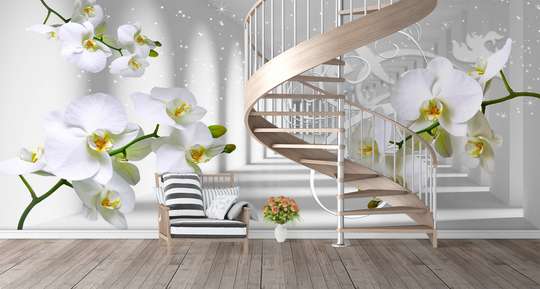 3D Wallpaper - White orchids on the background of a long corridor