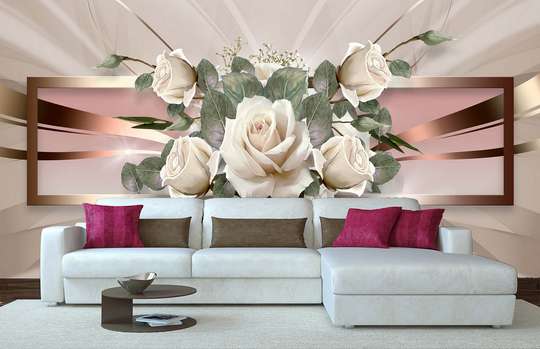 3Д Фотообои - Белые розы на золотом фоне