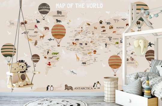 Фотообои - Карта мира с животными и воздушными шарами