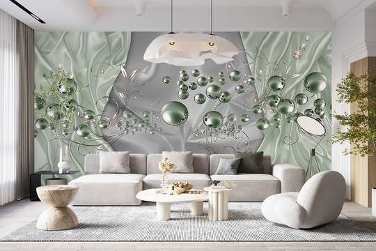 3D Photo Wallpaper- Pale green spheres on a satin gray background