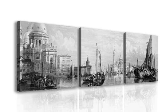 Tablou Pe Panza Multicanvas, Orașul alb-negru pe apă cu bărci, 225 x 75