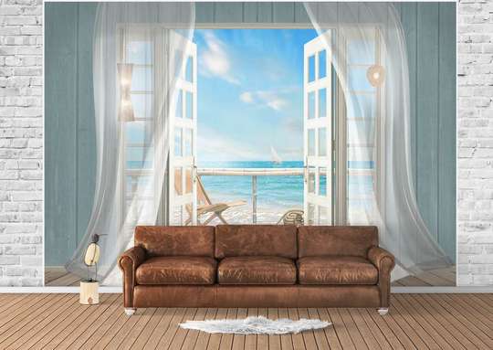 Wall mural with an open window and white curtains.