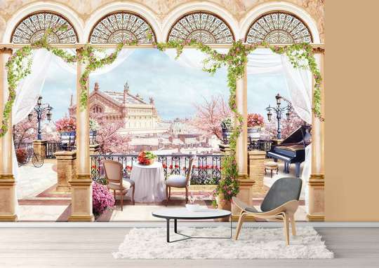 Photo wallpaper with a beautiful view of the city from the arched balcony.