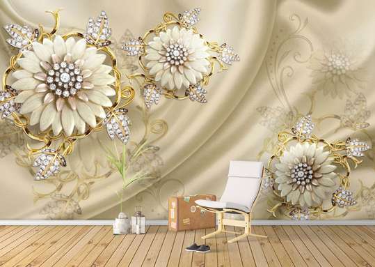 3D Wallpaper - Beige flowers with gems on a beige velvet background