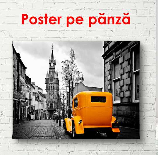 Poster - Yellow retro car on a black and white city background, 90 x 60 см, Framed poster
