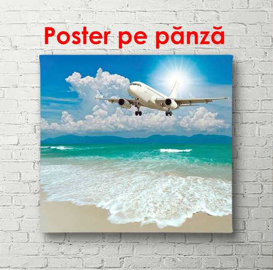 Poster - Airplane over the beach, 100 x 100 см, Framed poster