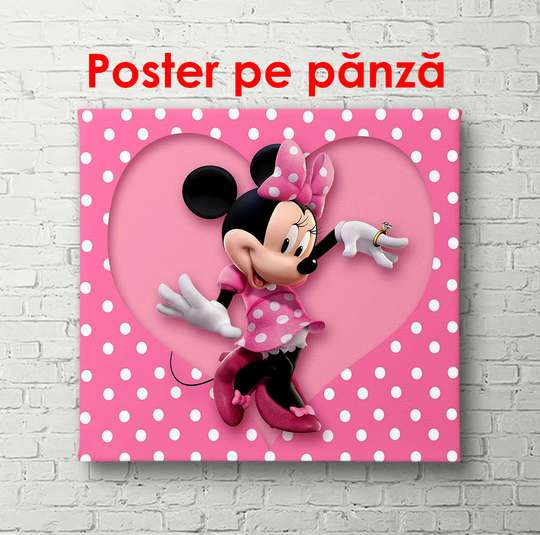 Poster - Mini Mouse pe un fundal roz cu inimi, 100 x 100 см, Poster înrămat, Pentru Copii