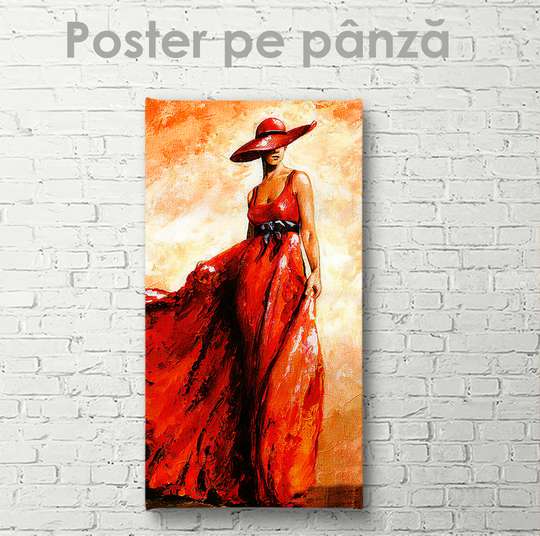 Poster - Lady în rochie roșie, 30 x 90 см, Panza pe cadru