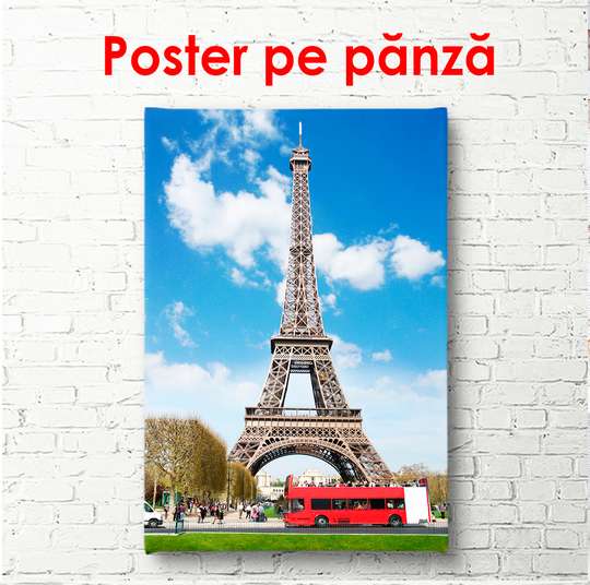 Постер - Красный автобус на фоне Эйфелевой башни, 60 x 90 см, Постер в раме