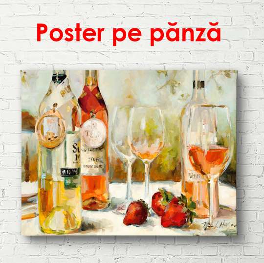 Постер - Стол с бутылками вина, 90 x 60 см, Постер в раме