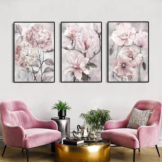 Poster - Soft pink flowers, 60 x 90 см, Framed poster on glass, Sets