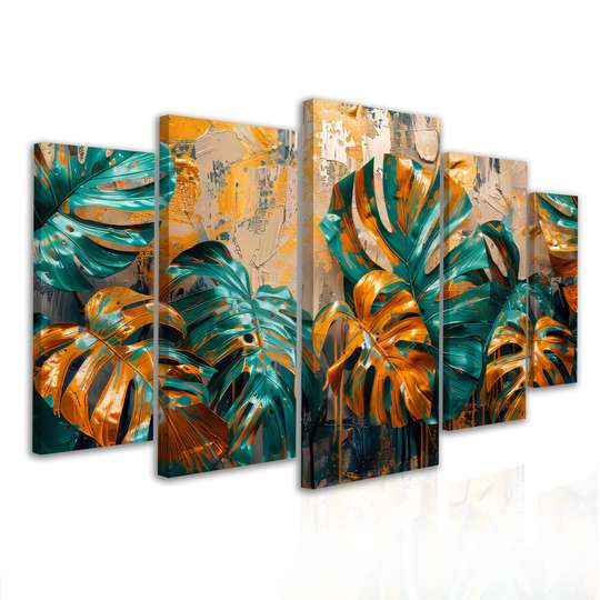Modular picture, Green monstera leaves with gold, 108 х 60