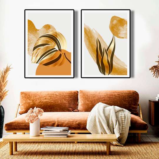 Poster - Plants and shades of gold, 60 x 90 см, Framed poster on glass
