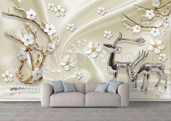 Wall Mural - Deer and white flowers on a silk background