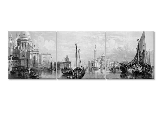 Tablou Pe Panza Multicanvas, Orașul alb-negru pe apă cu bărci, 225 x 75