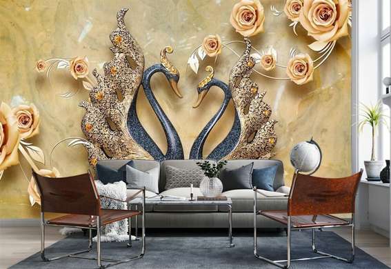 Фотообои - Лебеди с золотыми розами на золотом фоне
