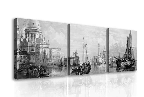 Tablou Pe Panza Multicanvas, Orașul alb-negru pe apă cu bărci, 135 x 45