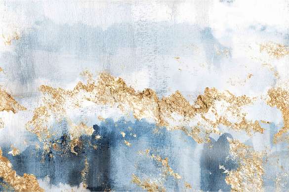 Постер - Голубые оттенки и золотые капли, 45 x 30 см, Холст на подрамнике, Абстракция