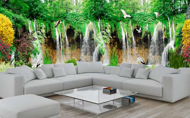 Wall Mural - Beautiful view of the green park with a waterfall
