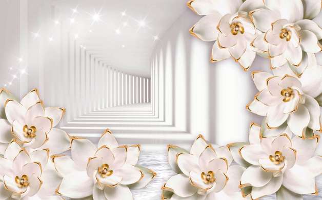 Screen - White flowers with gold elements on the wall of white walls, 7