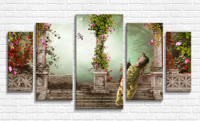 Tablou Pe Panza Multicanvas, Pauni in parcul cu flori, 206 x 115