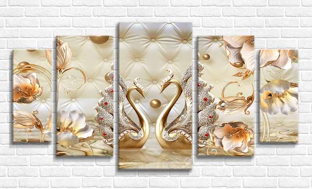 Modular picture, Golden swans on a leather background with flowers, 108 х 60