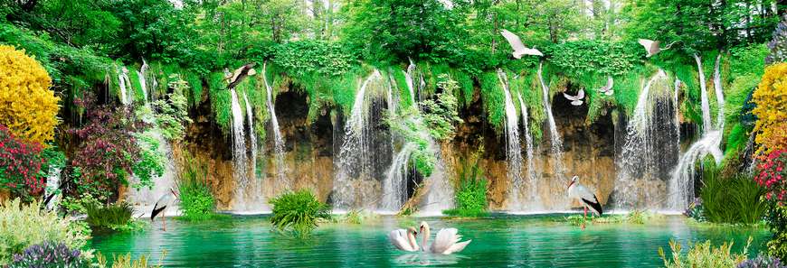 Фотообои - Красивый вид на зеленый парк с водопадом