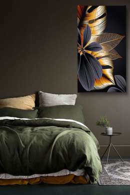Poster - Frunze aurii ale plantelor tropicale, 30 x 60 см, Panza pe cadru